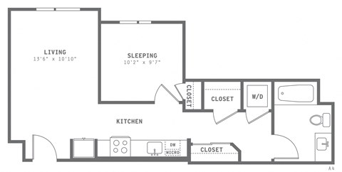 Floor plan for 1 bed, 1 bath, 605 sqft